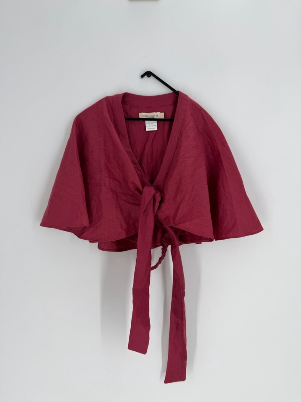 Cindy Castro New York 100% Linen Carolina Cape Tie Front V Neck Cropped Top